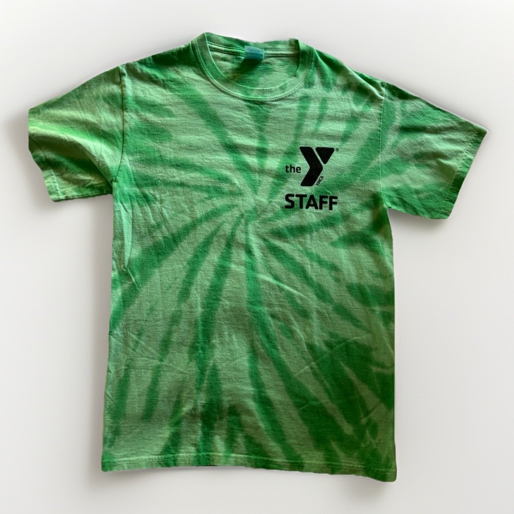 YMCA Staff Tee T-Shirt Mens Small Green Tie Dye Short Sleeve Camp Florida Neon
